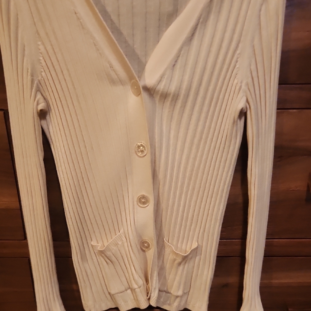 Talbots Cream Ribbed Button-Up Classic Casual Spring Cardigan Size Large - Picture 3 of 5